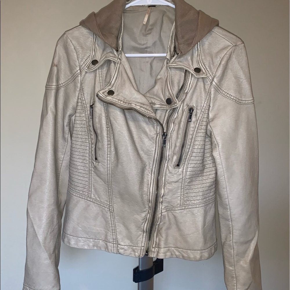 Free People Vegan Leather Jacket Size 6 - Taupe Beige zip Hooded